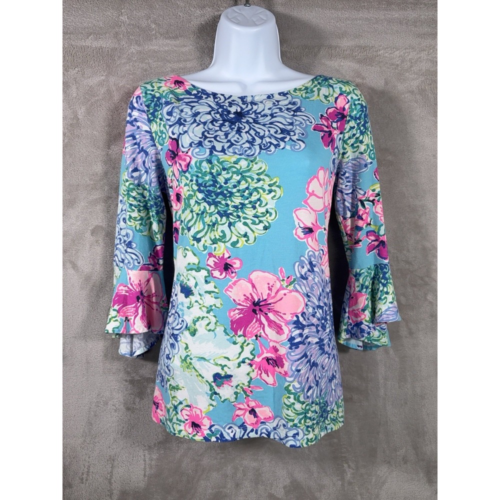 Lilly Pulitzer Fontaine Top Womens‎ XS Multicolor Floral Bell Sleeve Resort